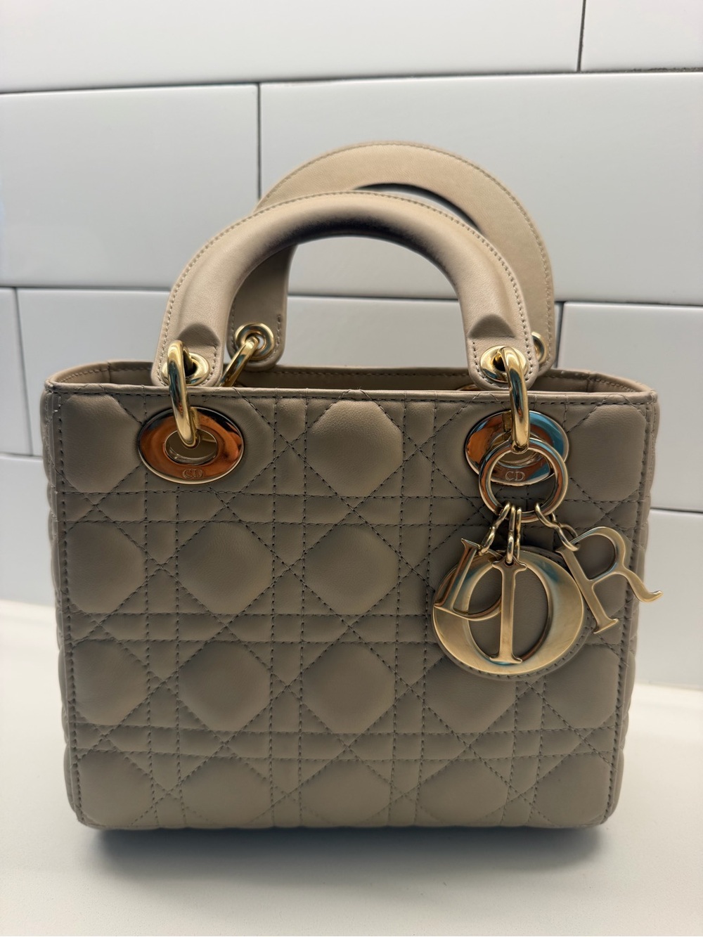Dior Beige Quilted Lady Dior Medium Top-Handle Bag with Gold Hardware - Picture 2 of 14